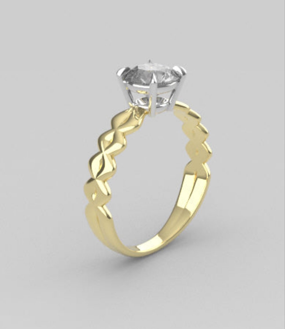Gold engagement ring with 1.00 ct Moissanite VS1, stt prongs, band twisted