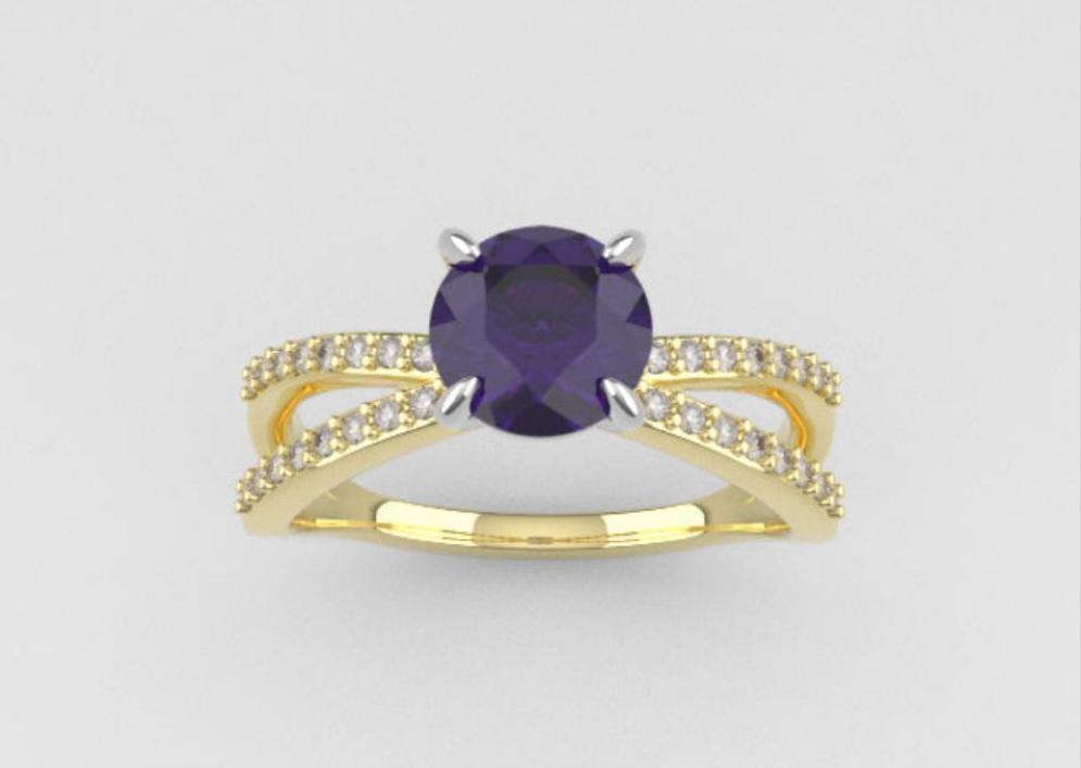 14K Engagement Ring with Amethyst and Diamond VS1, "cross style" "stt prong"