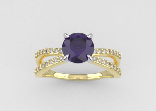 14K Engagement Ring with Amethyst and Diamond VS1, "cross style" "stt prong"