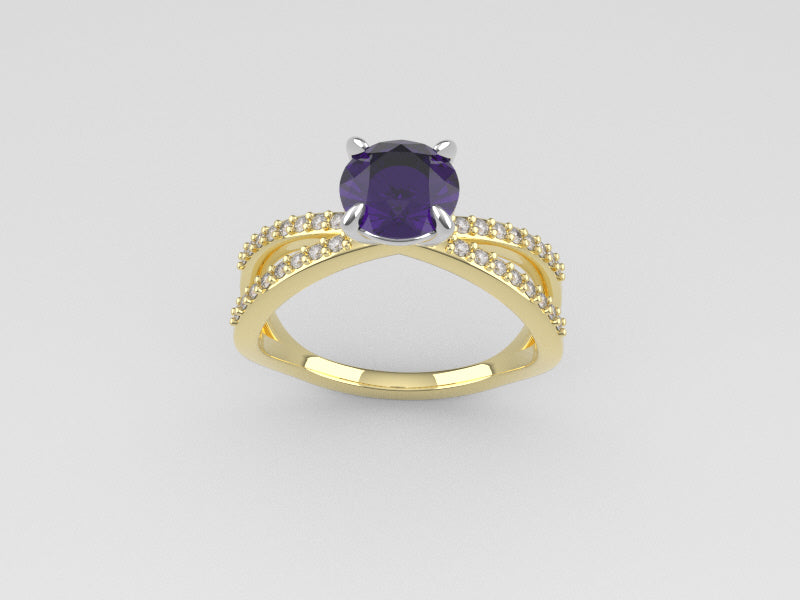 14K Engagement Ring with Amethyst and Diamond VS1, "cross style" "stt prong"