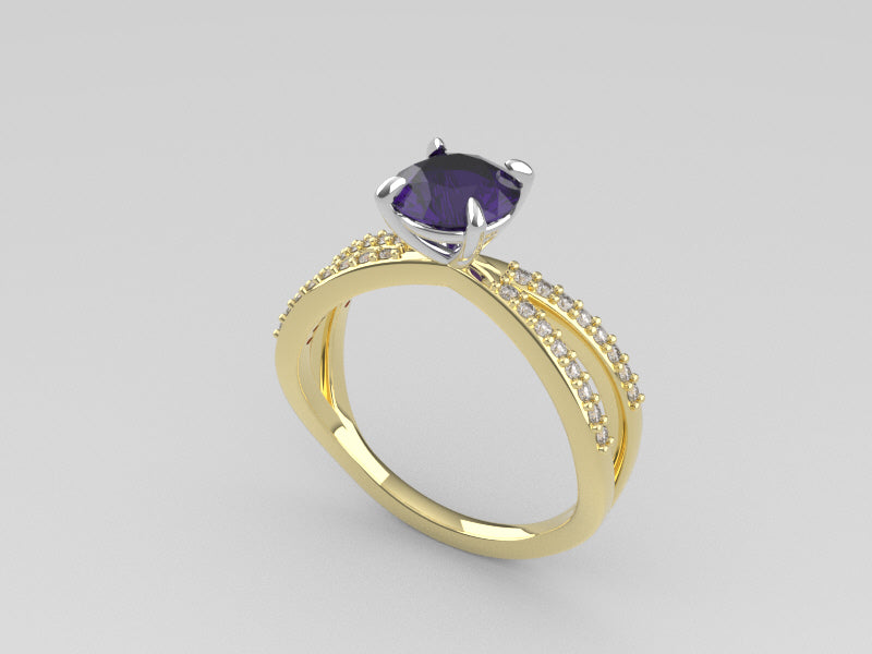 14K Engagement Ring with Amethyst and Diamond VS1, "cross style" "stt prong"