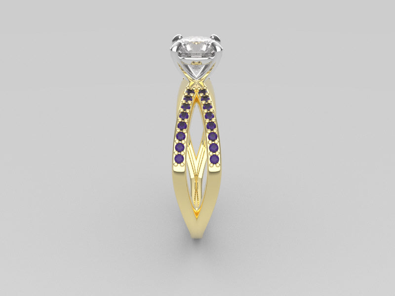 14K gold Ring with Diamond VS1 and Amethyst, "cross" "prong"