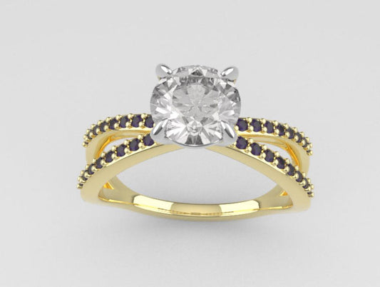 14K gold Ring with Diamond VS1 and Amethyst, "cross" "prong"