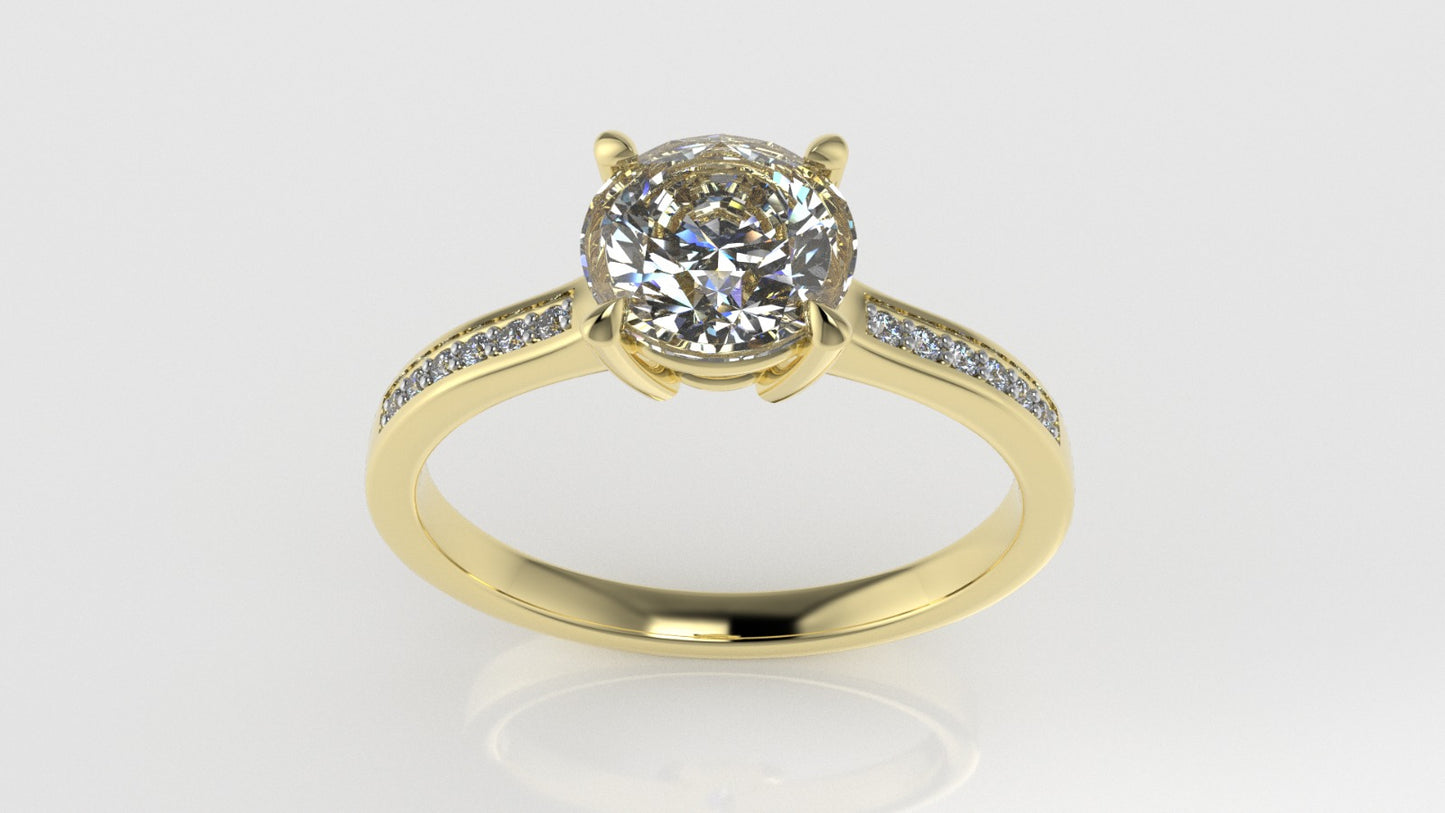 14K solitaire ring with MOISSANITE VS1, "CUT Chanel" "setting prongs"