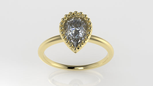 14K Gold Band Ring with Diamond VS1, Style Pear with Filigree, "setting bezel"