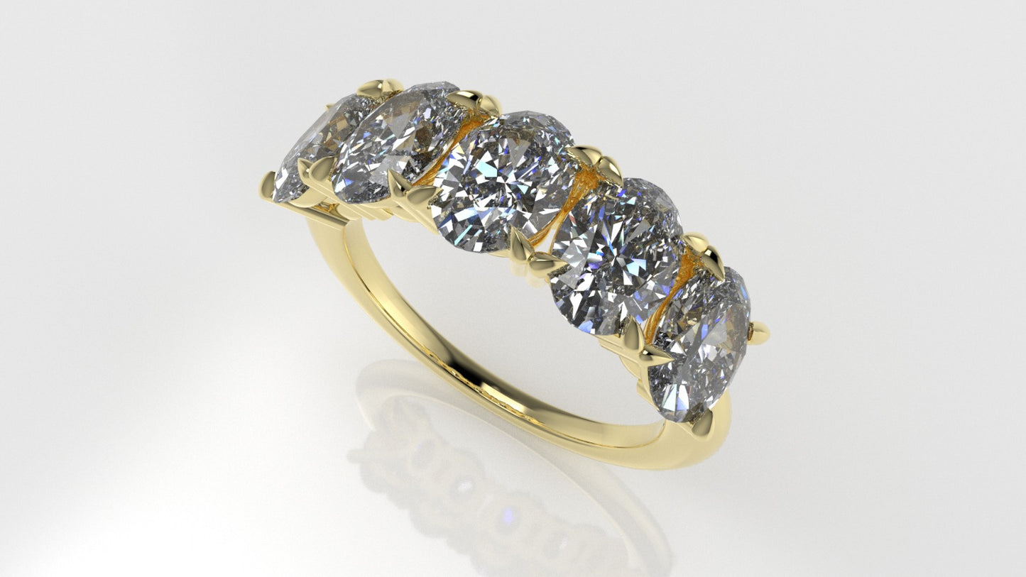 14K Yellow Gold band Ring with 5 MOISSANITE VS1, "Stone Oval" "stt prong"
