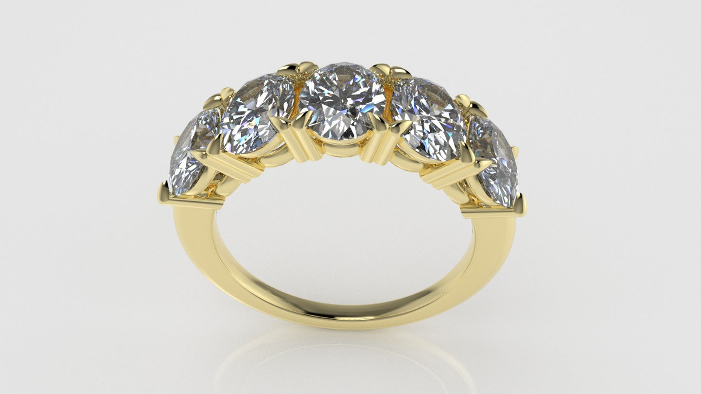 14K Yellow Gold band Ring with 5 MOISSANITE VS1, "Stone Oval" "stt prong"