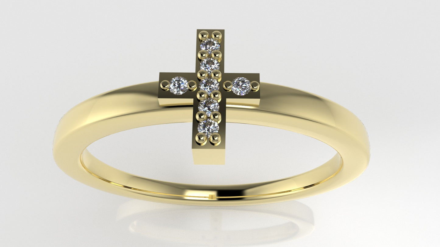 14K gold Ring with 7 Diamonds 1mm each, "Cross Style" stt prongs