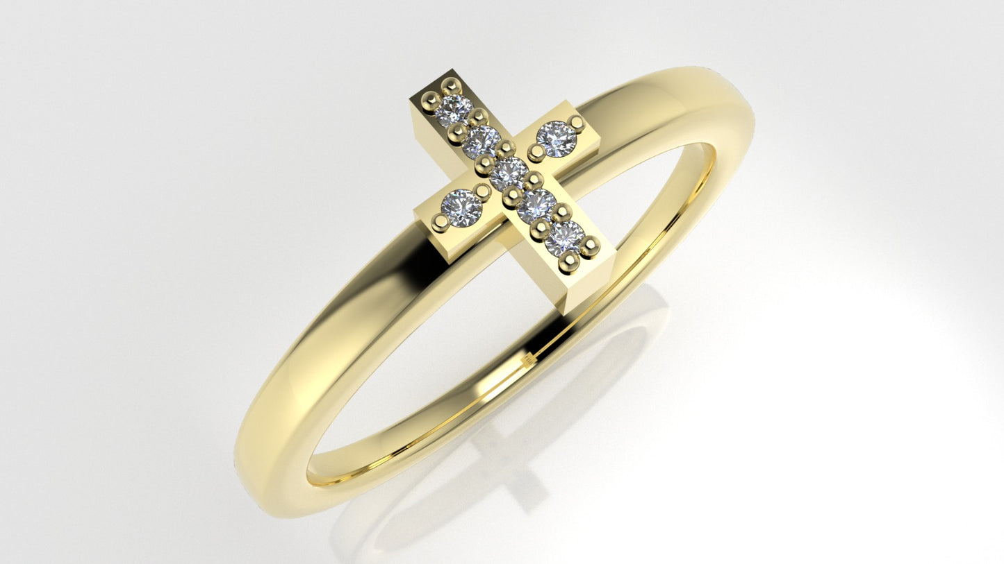 14K gold Ring with 7 Diamonds 1mm each, "Cross Style" stt prongs