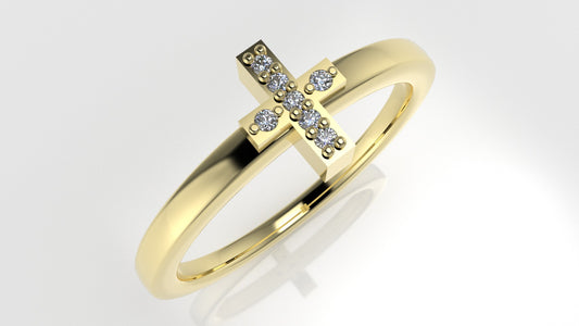 14K gold Ring with 7 Diamonds 1mm each, "Cross Style" stt prongs