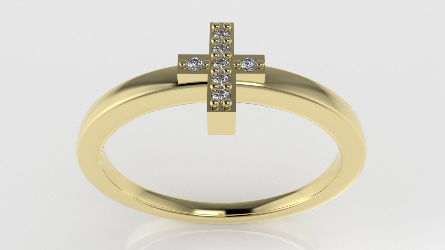 14K gold Ring with 7 Diamonds 1mm each, "Cross Style" stt prongs