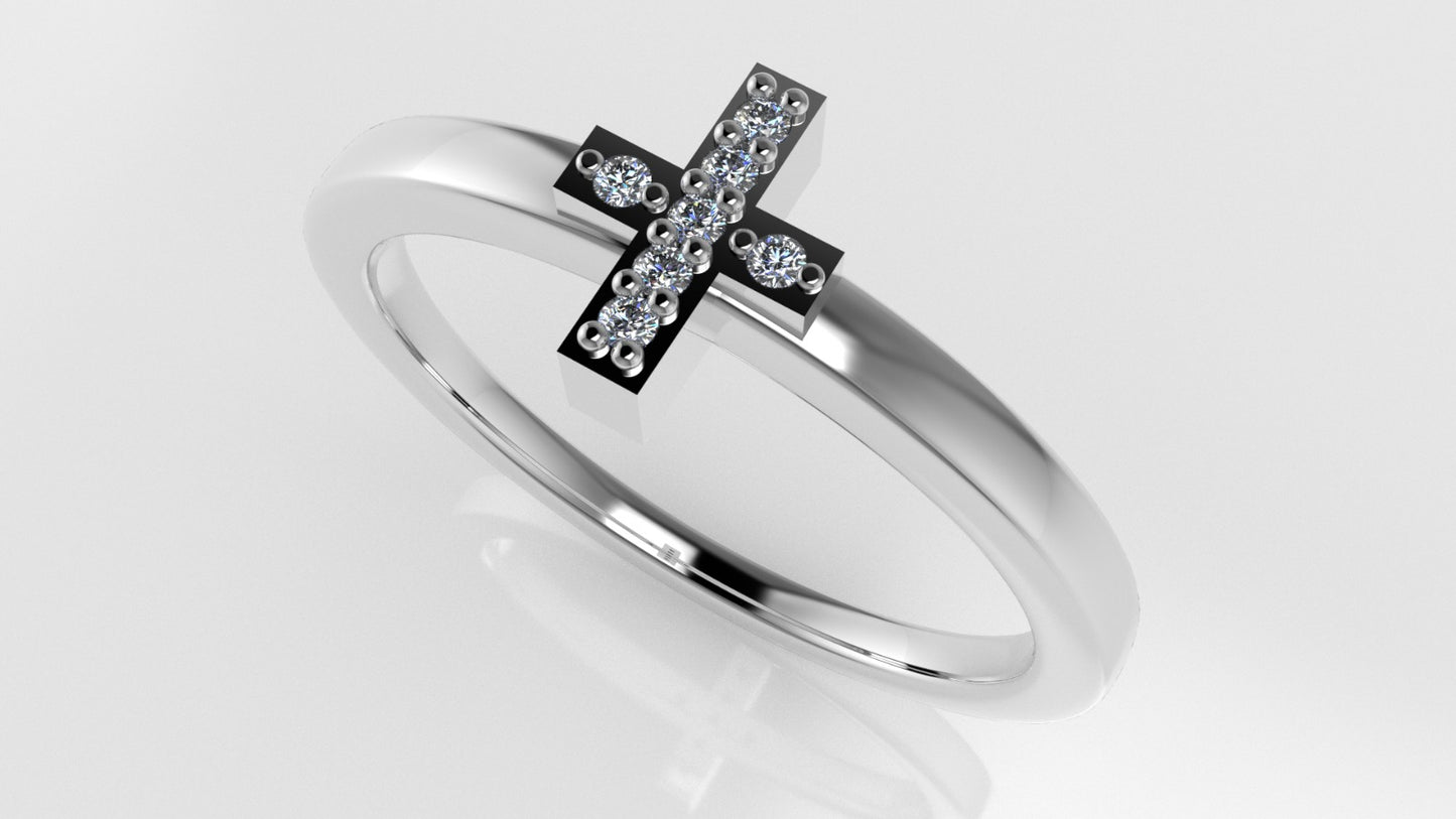 14K gold Ring with 7 Diamonds 1mm each, "Cross Style" stt prongs