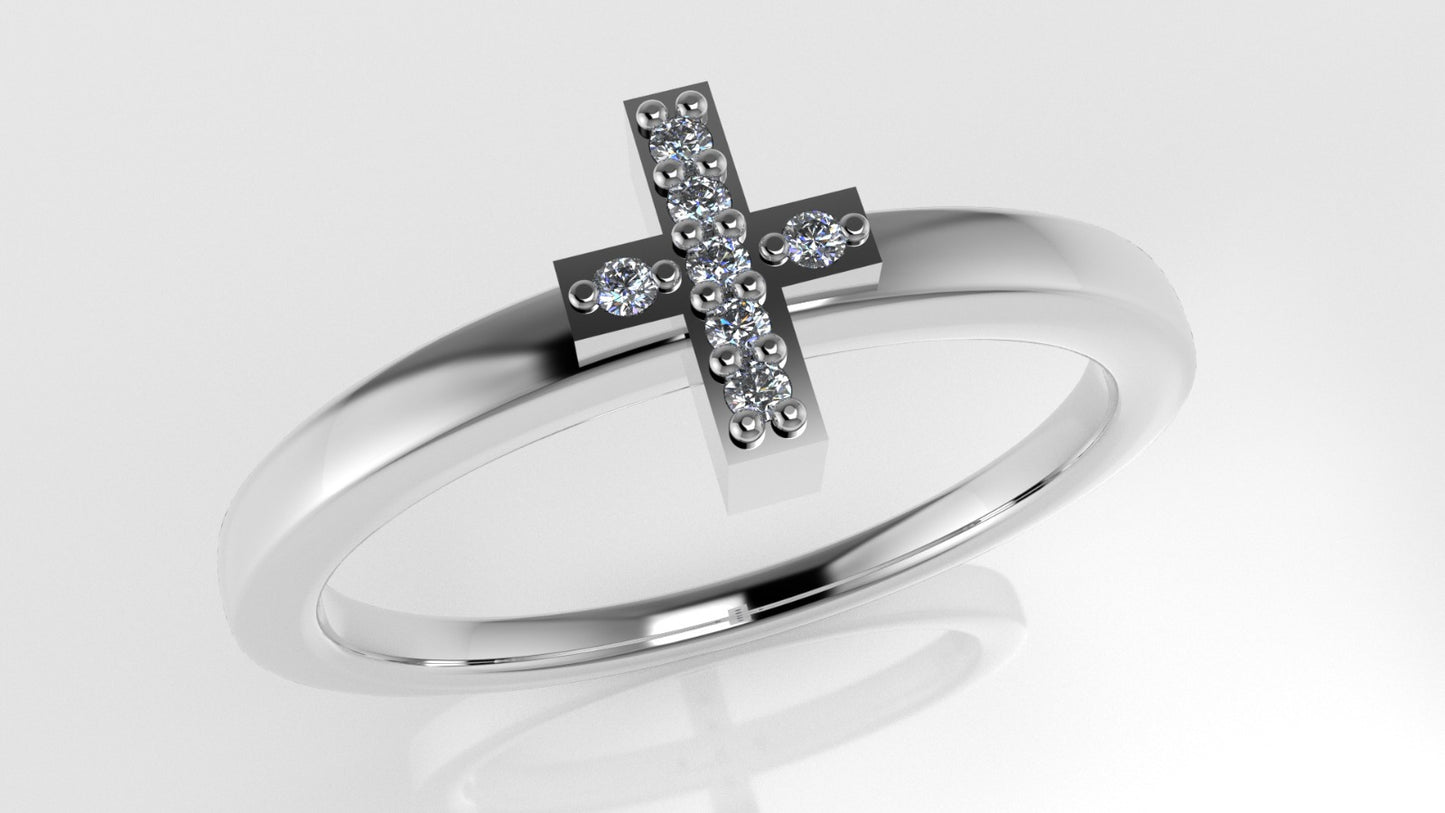 14K gold Ring with 7 Diamonds 1mm each, "Cross Style" stt prongs