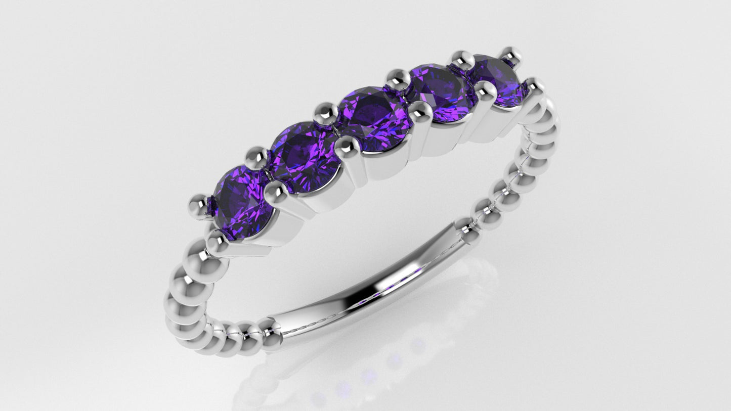 14K Ring with 5 AMETHYST 3mm each, stt prongs, stone round