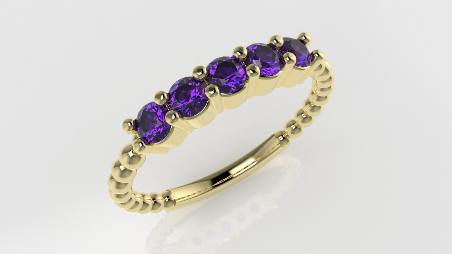 14K Ring with 5 AMETHYST 3mm each, stt prongs, stone round