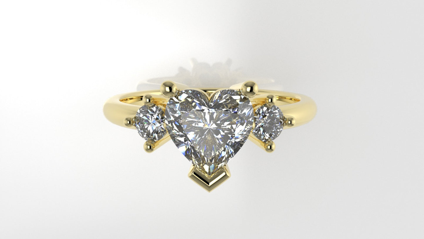 14K Engagement Ring with 3 MOISSANITE VS1, "Style Heart and Round" "prong"