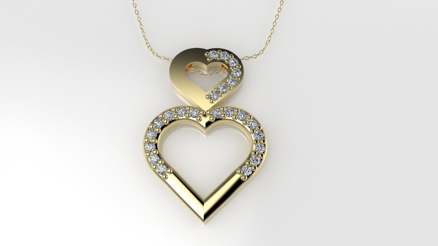 14K Pendant with 23 MOISSANITE 1mm VS1 each, includes 18 inch chain, two hearts