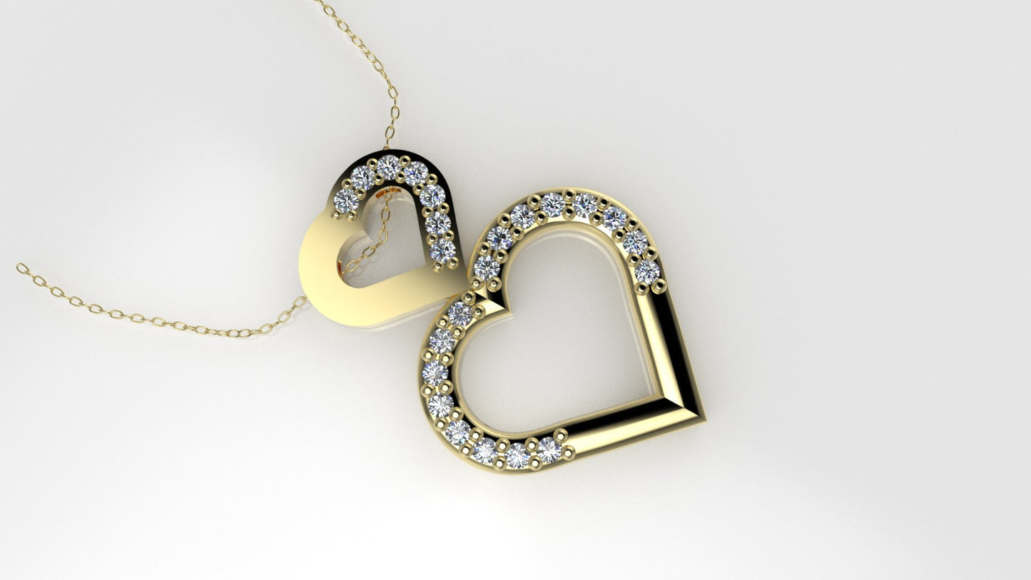 14K Pendant with 23 MOISSANITE 1mm VS1 each, includes 18 inch chain, two hearts