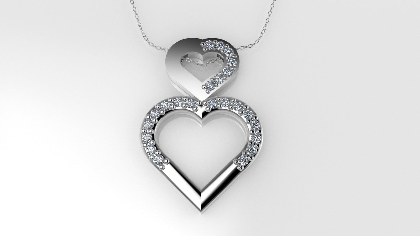 14K Pendant with 23 MOISSANITE 1mm VS1 each, includes 18 inch chain, two hearts