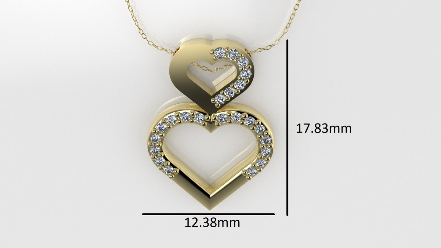 14K Pendant with 23 MOISSANITE 1mm VS1 each, includes 18 inch chain, two hearts