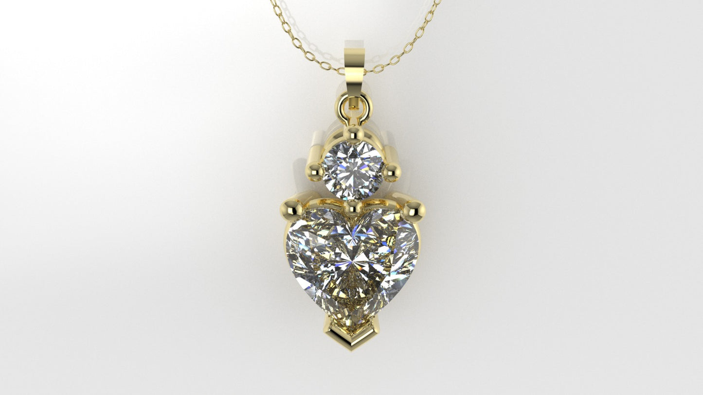 14K Pendant with 2 MOISSANITE VS1, includes 18 inch chain, Stone Heart and Round