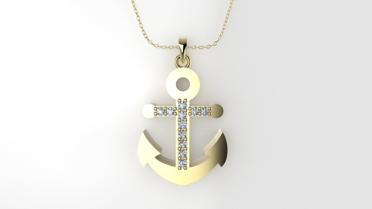 14K Pendant with 11 DIAMONDS, includes 18 inch chain, "Boat Anchor Style"