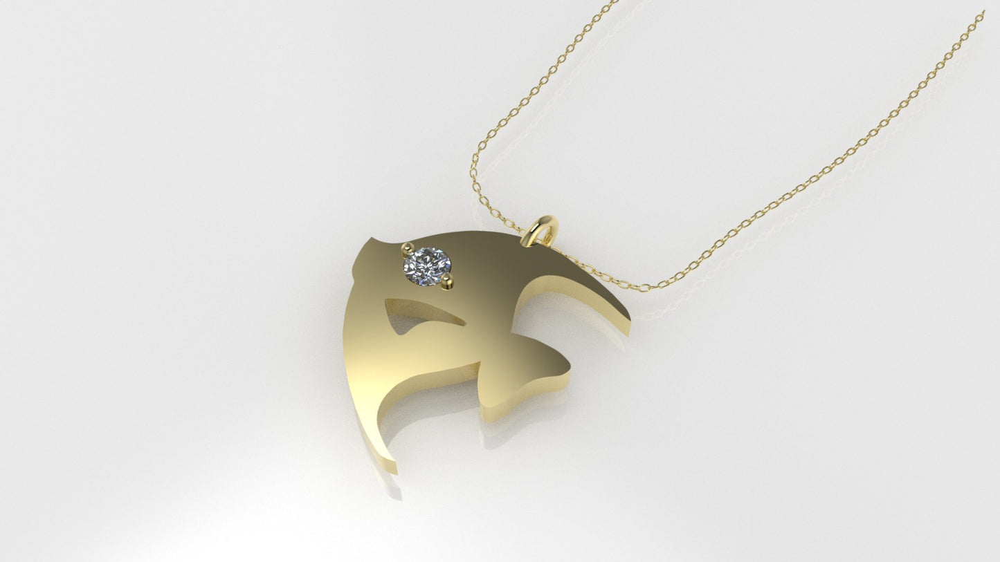 14K Pendant with 1 DIAMOND 2mm, includes 18 inch chain, Fish Style