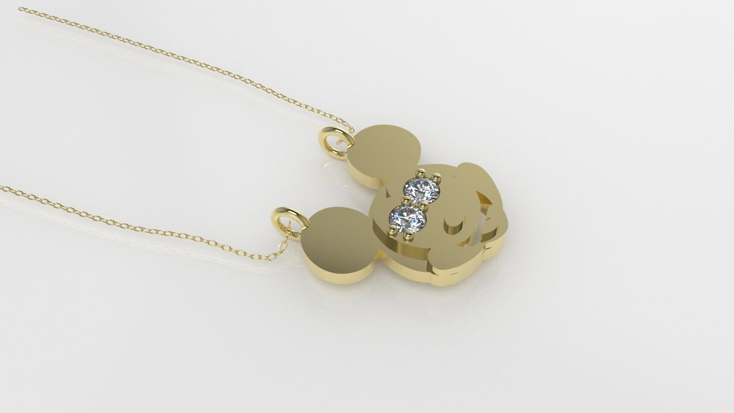 14K Pendant with 2 MOISSANITE 2mm VS1 each, includes 18 inch chain, Mickey Mouse Face