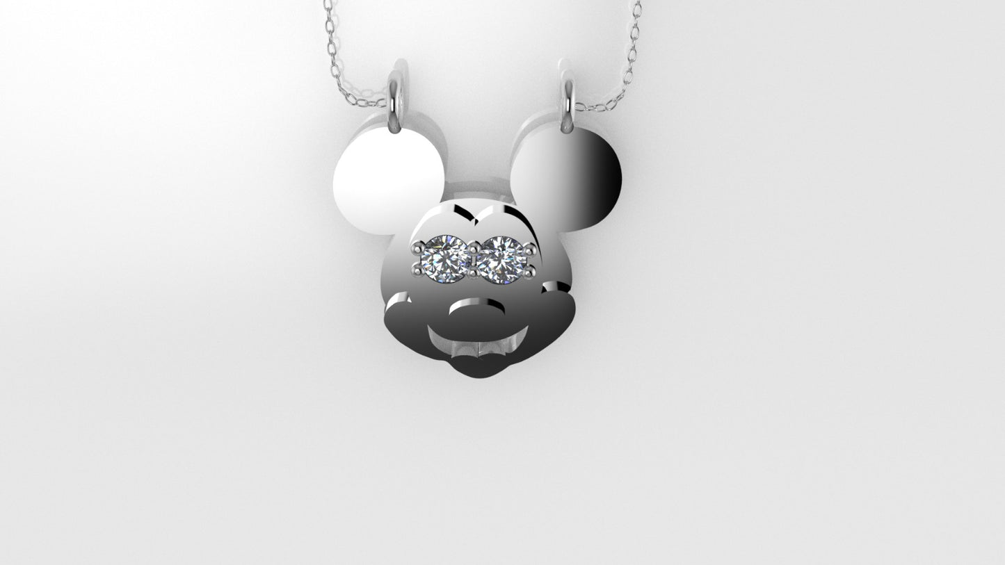 14K Pendant with 2 MOISSANITE 2mm VS1 each, includes 18 inch chain, Mickey Mouse Face