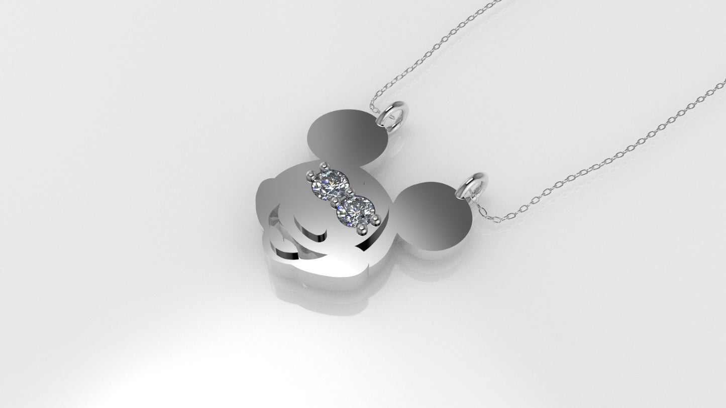 14K Pendant with 2 MOISSANITE 2mm VS1 each, includes 18 inch chain, Mickey Mouse Face