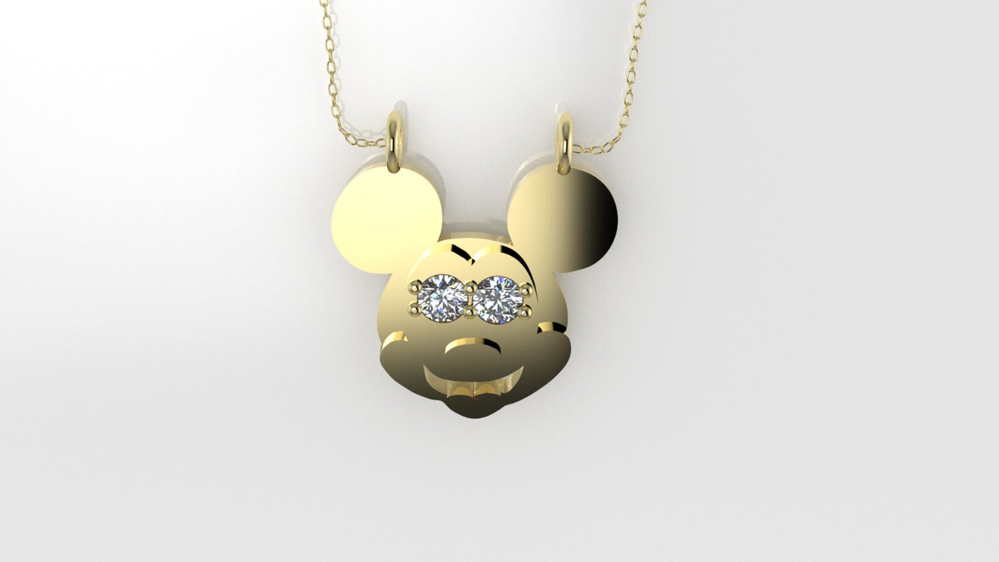 14K Pendant with 2 MOISSANITE 2mm VS1 each, includes 18 inch chain, Mickey Mouse Face