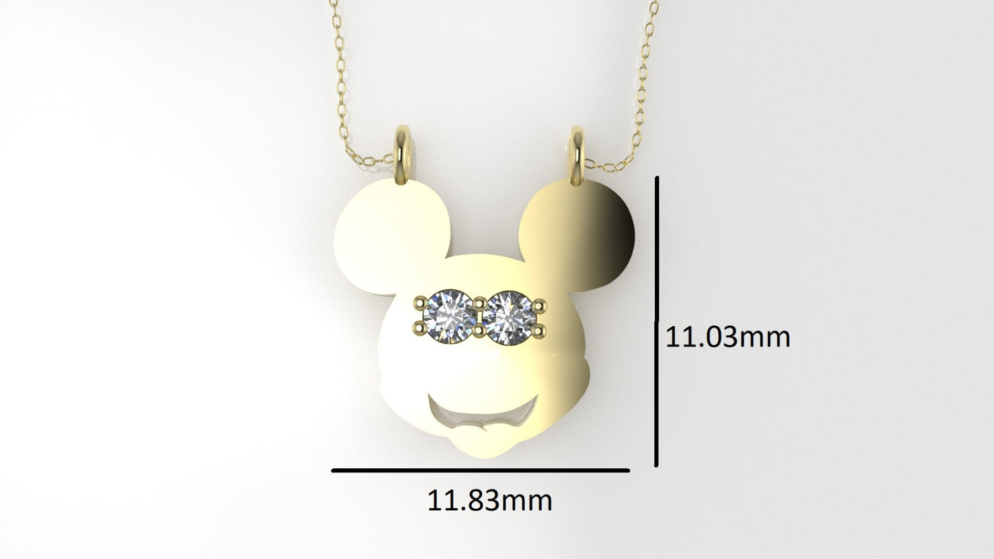 14K Pendant with 2 MOISSANITE 2mm VS1 each, includes 18 inch chain, Mickey Mouse Face