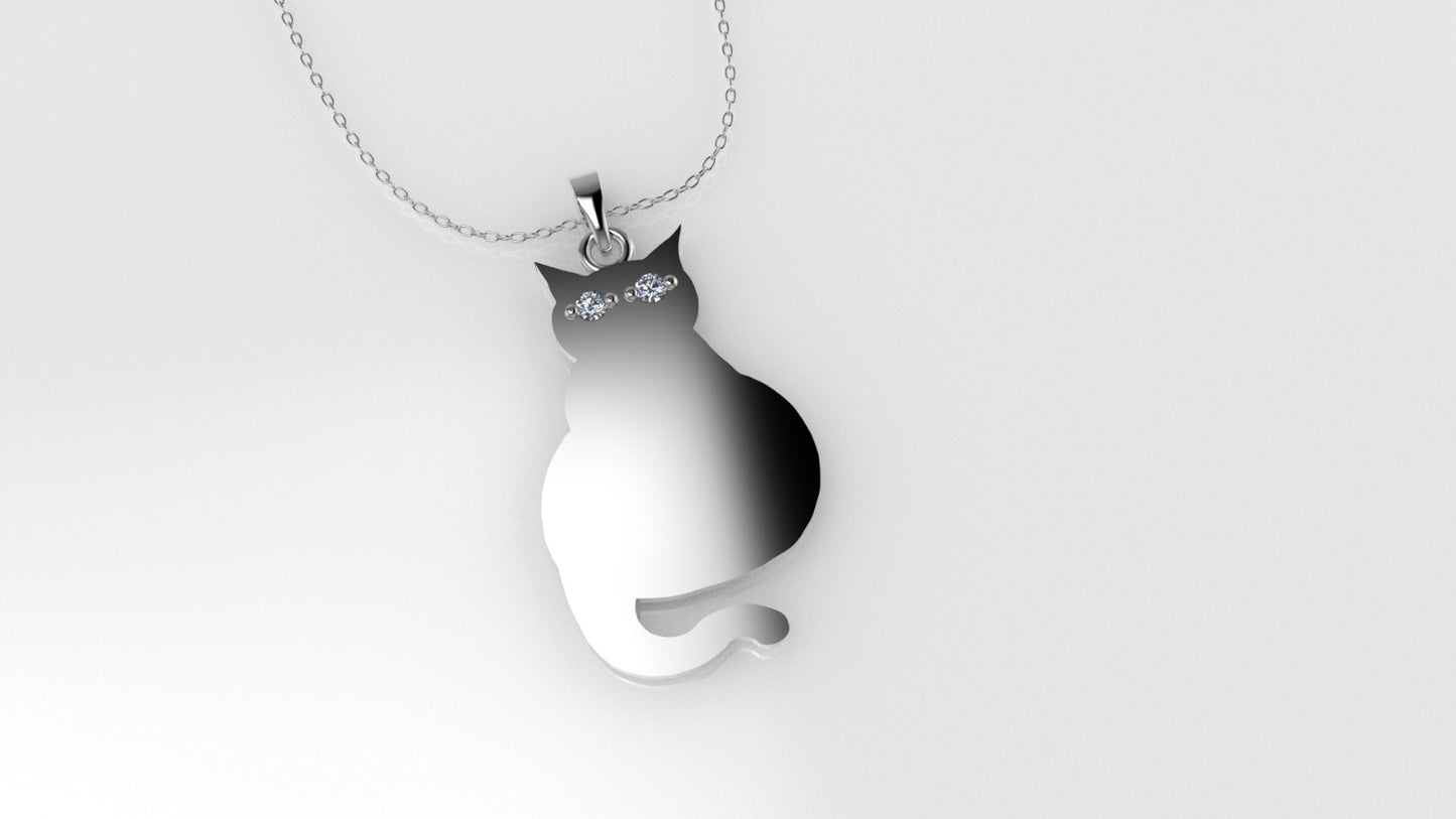 14K Pendant with 2 Diamonds 1mm each, includes 18 inch Chain, figure of a cat
