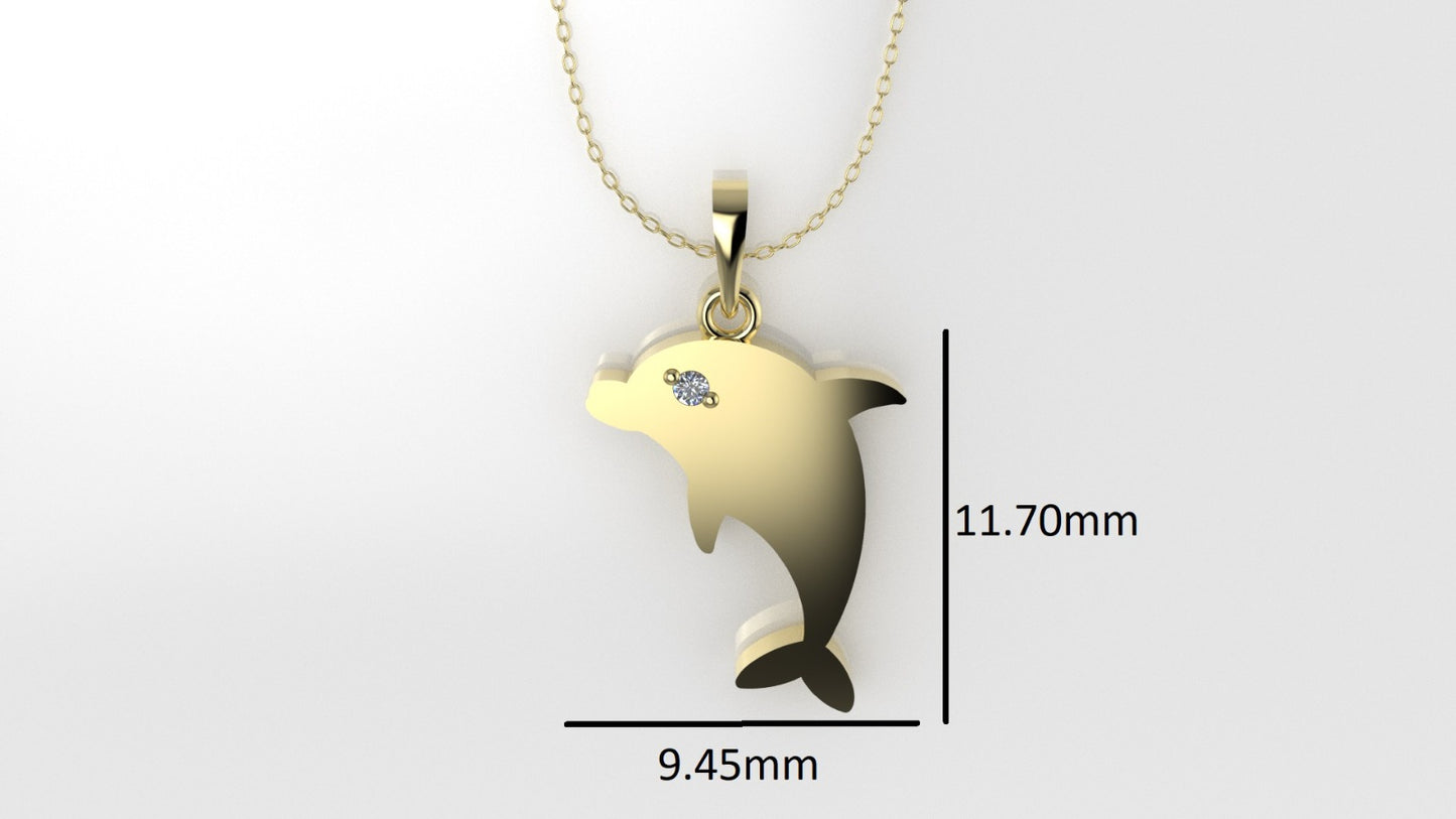 14K Pendant with 1 Diamond 1mm, includes 18 inch Chain, "Figure of a Dolphin"