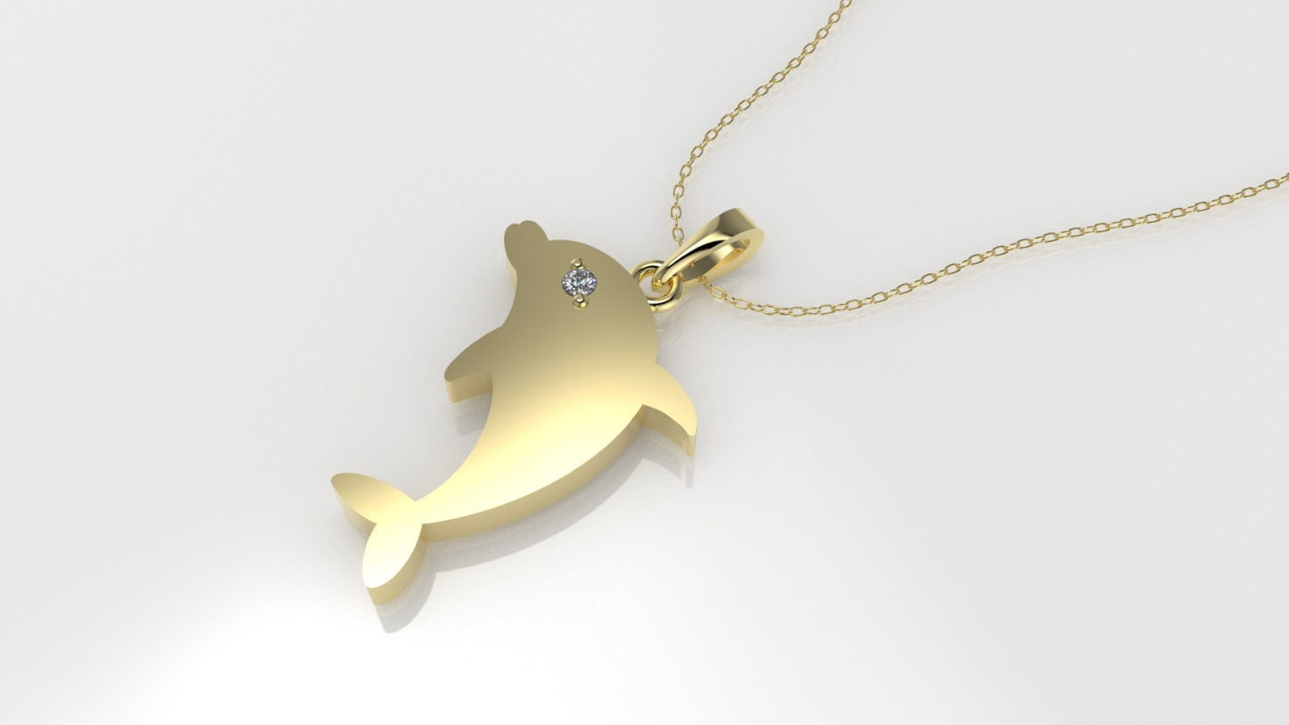 14K Pendant with 1 Diamond 1mm, includes 18 inch Chain, "Figure of a Dolphin"