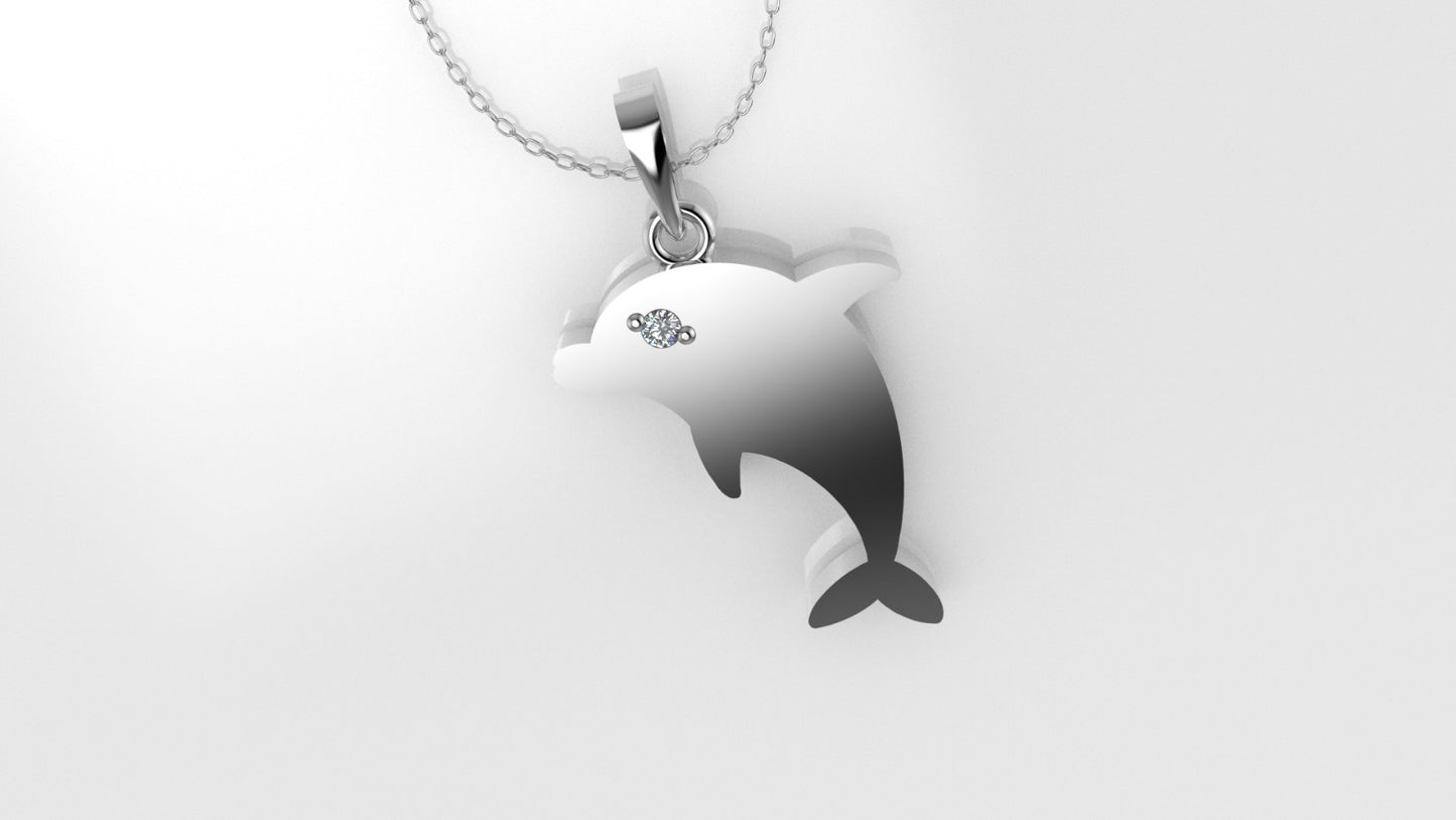 14K Pendant with 1 Diamond 1mm, includes 18 inch Chain, "Figure of a Dolphin"