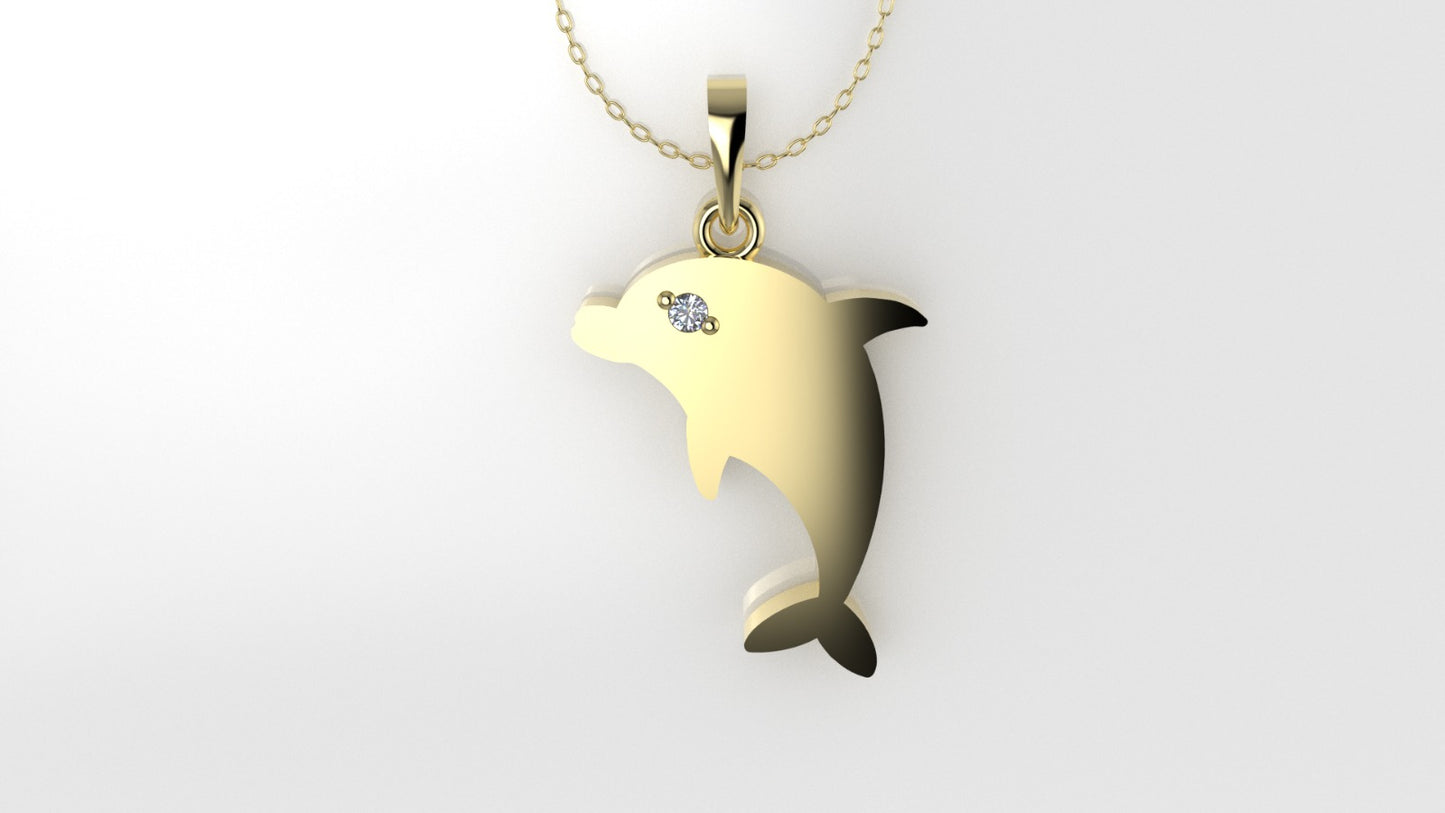 14K Pendant with 1 Diamond 1mm, includes 18 inch Chain, "Figure of a Dolphin"