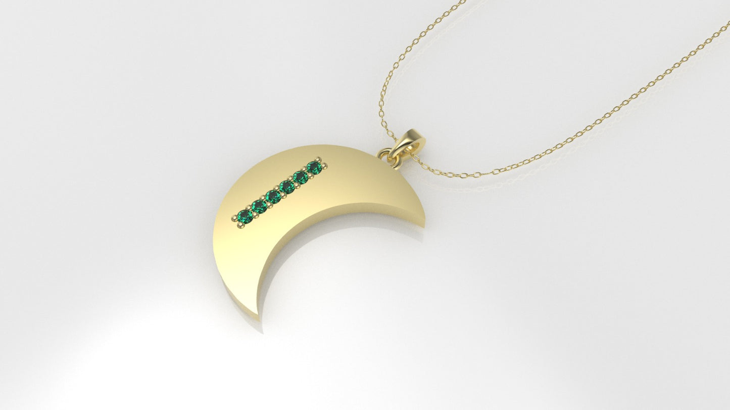 14K Pendant with 6 EMERALD 1mm each, includes 18 inch Chain, "figure of a moon with solid gold"