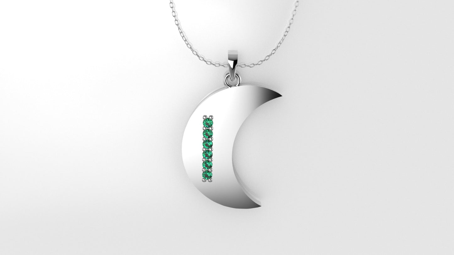 14K Pendant with 6 EMERALD 1mm each, includes 18 inch Chain, "figure of a moon with solid gold"