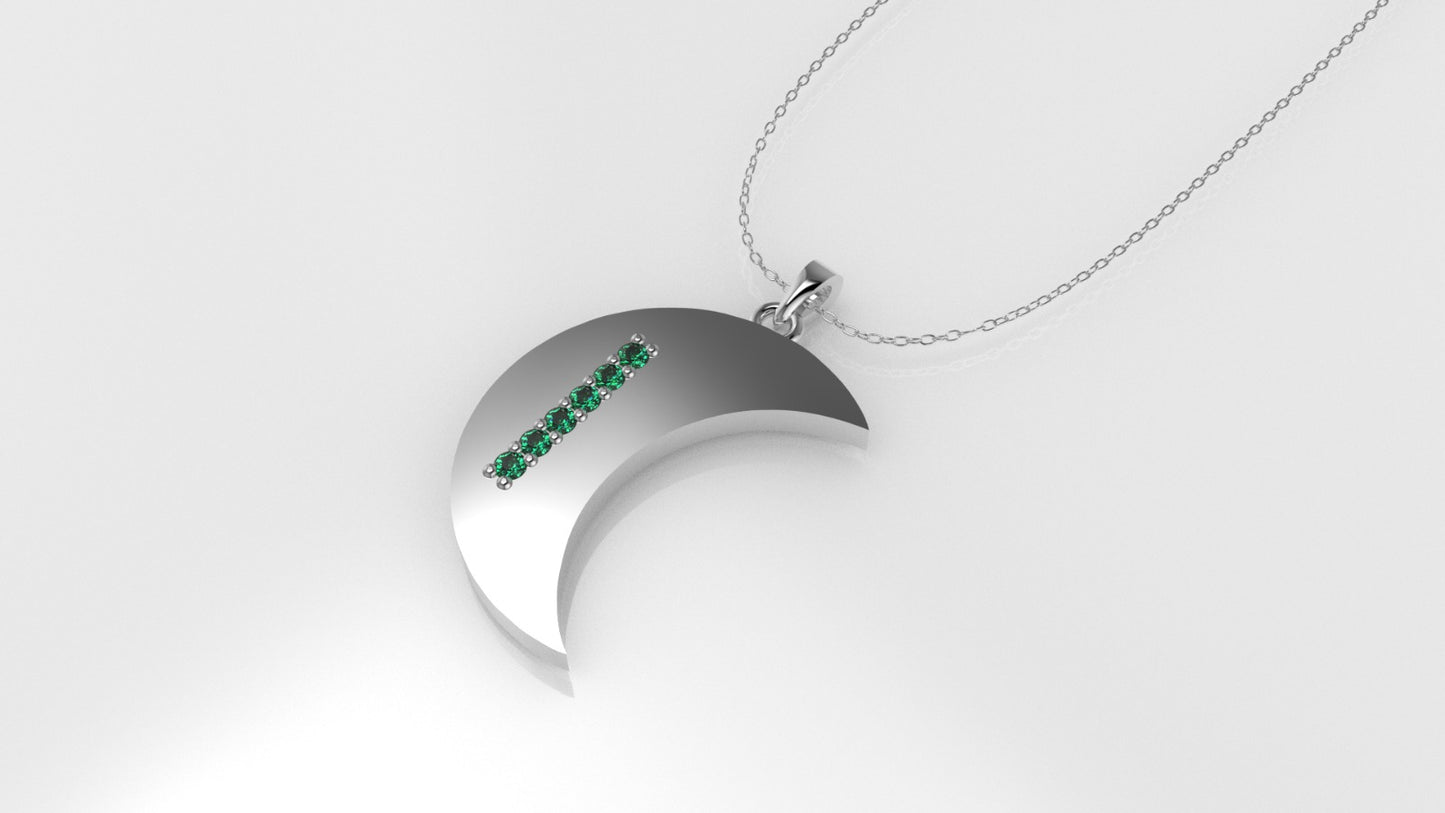 14K Pendant with 6 EMERALD 1mm each, includes 18 inch Chain, "figure of a moon with solid gold"