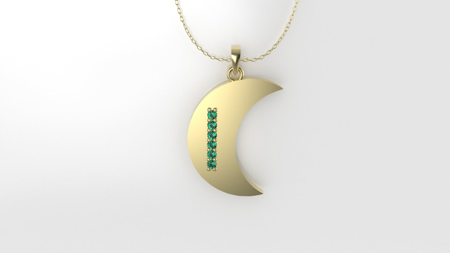 14K Pendant with 6 EMERALD 1mm each, includes 18 inch Chain, "figure of a moon with solid gold"