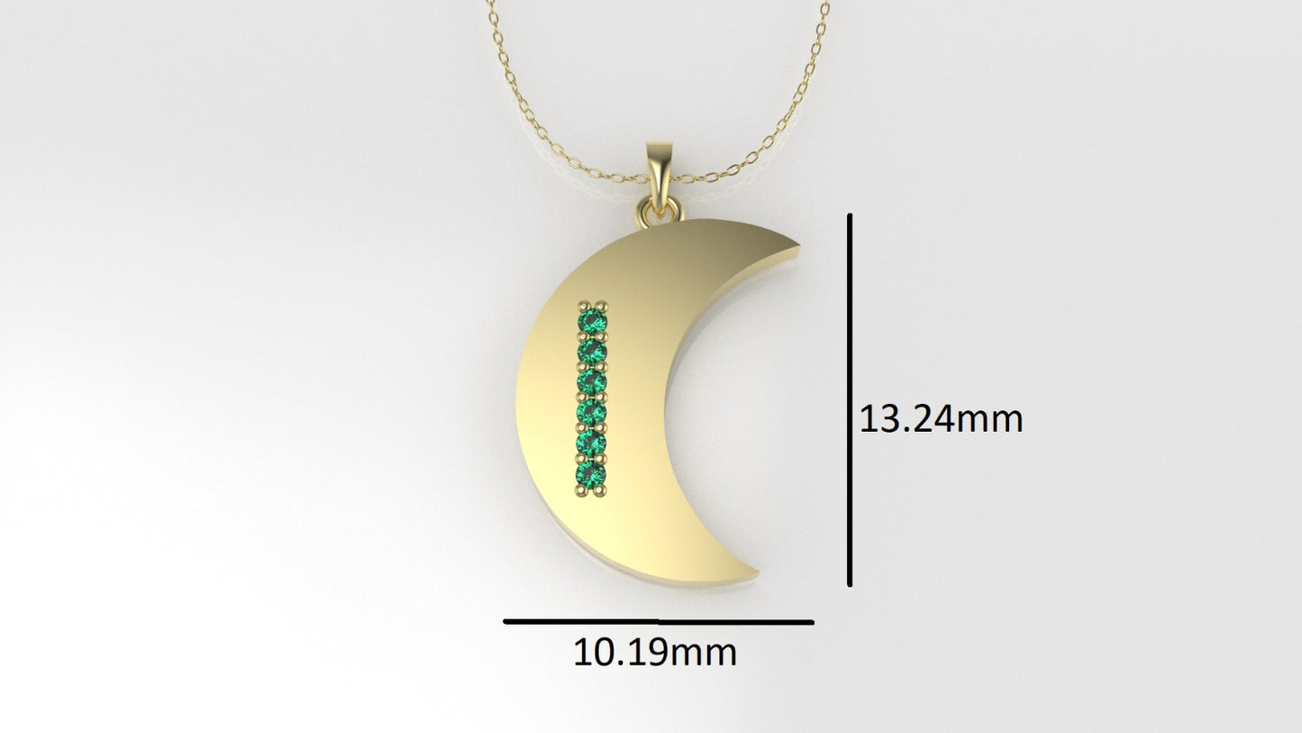 14K Pendant with 6 EMERALD 1mm each, includes 18 inch Chain, "figure of a moon with solid gold"