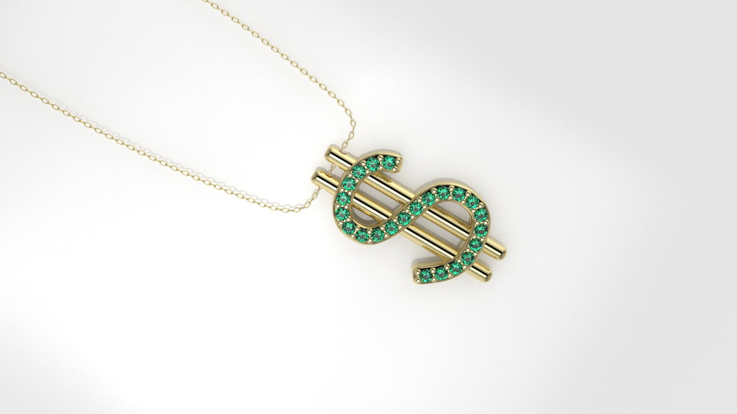 14K Pendant with 23 EMERALDS 1mm each, includes 18 inch Chain, "Dollar Sign"