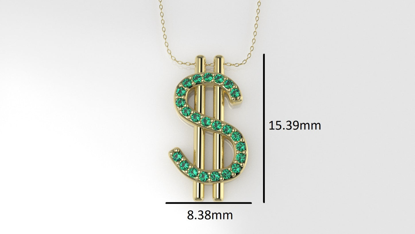 14K Pendant with 23 EMERALDS 1mm each, includes 18 inch Chain, "Dollar Sign"