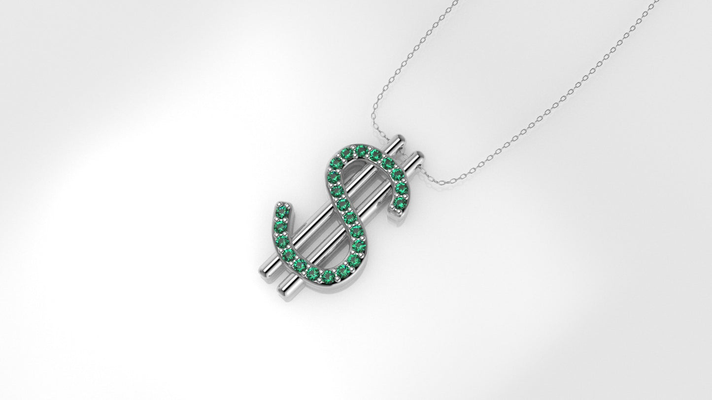 14K Pendant with 23 EMERALDS 1mm each, includes 18 inch Chain, "Dollar Sign"