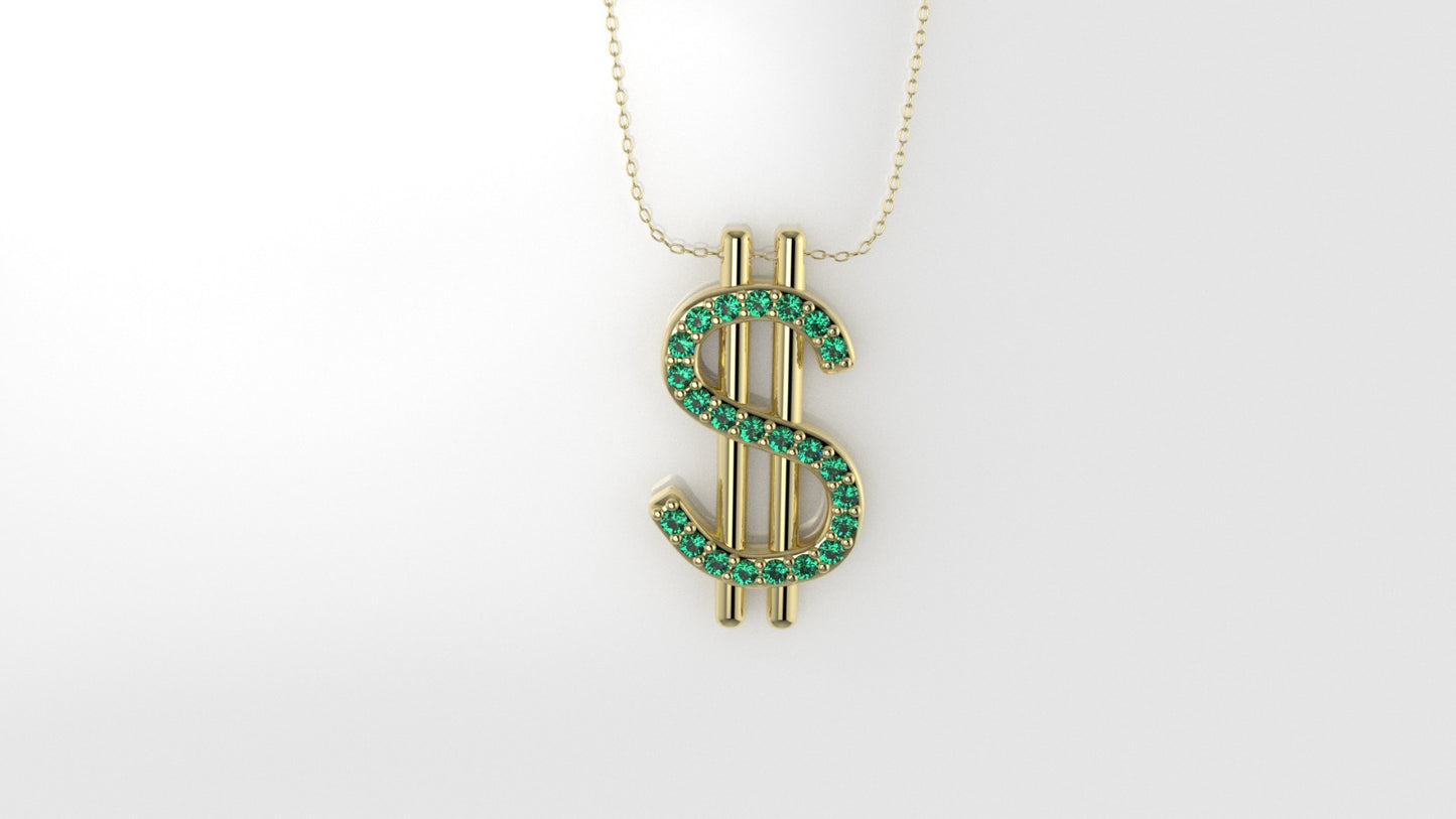 14K Pendant with 23 EMERALDS 1mm each, includes 18 inch Chain, "Dollar Sign"