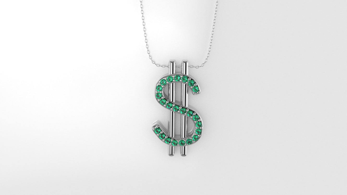 14K Pendant with 23 EMERALDS 1mm each, includes 18 inch Chain, "Dollar Sign"