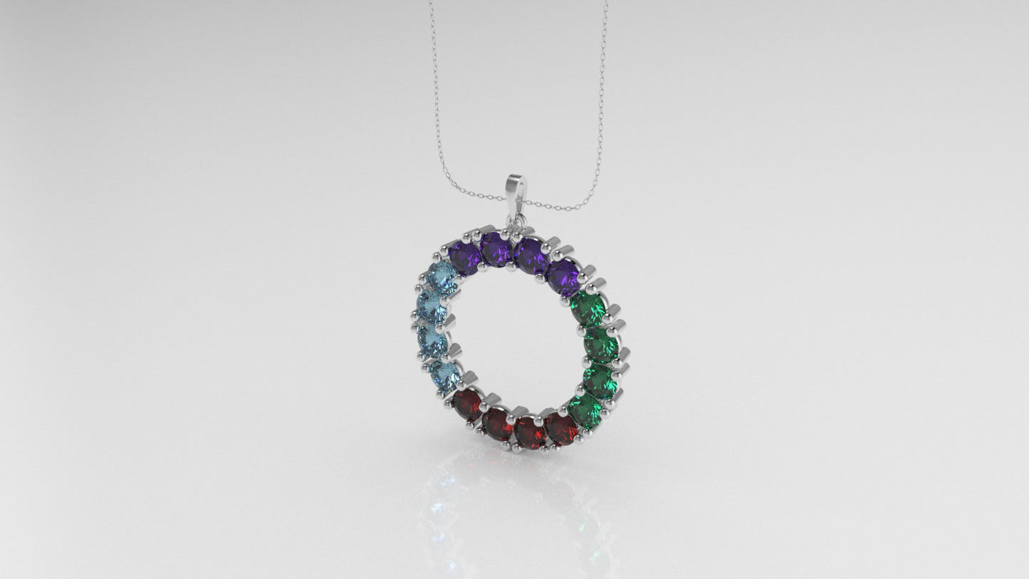 14K Pendant with 4 Ruby, 4 Emerald, 4 Aquamarine, 4 Amethyst, includes 18 inch Chain, "circle"