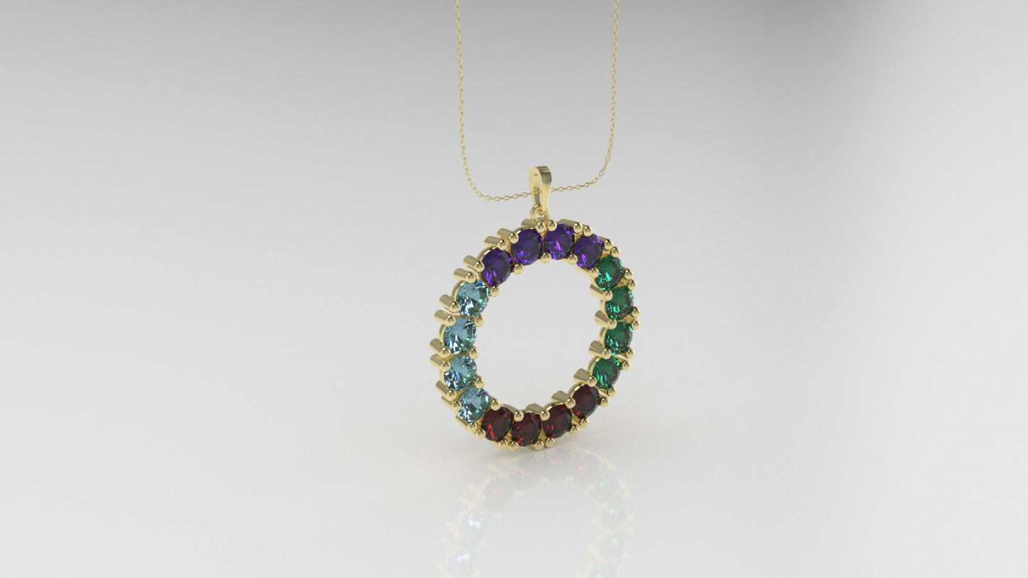 14K Pendant with 4 Ruby, 4 Emerald, 4 Aquamarine, 4 Amethyst, includes 18 inch Chain, "circle"