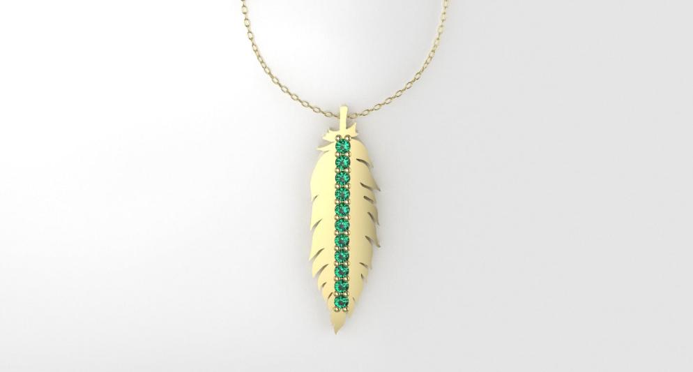 14K Pendant with 11 EMERALDS 1mm each, includes 18 inch Chain, "bird feather in solid gold"